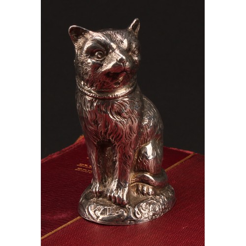 1013 - An early 20th century silver novelty pepper, as a cat, seated, 7.5cm high, import mark for Chester 1... 