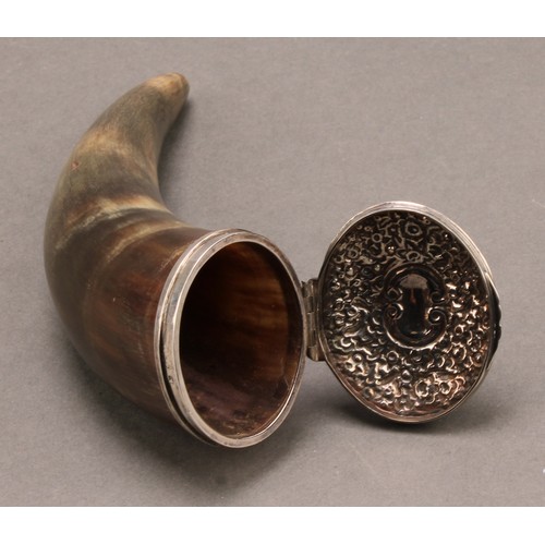 779 - A George III silver mounted horn snuff mull, probably Scottish, stand-away hinged cover chased with ... 