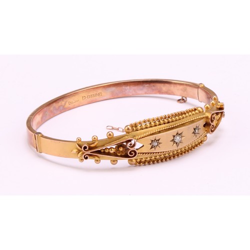 1176 - 9ct gold Etruscan Revival Rose cut diamond bangle, set with three melee rose cut diamonds, hallmarke... 