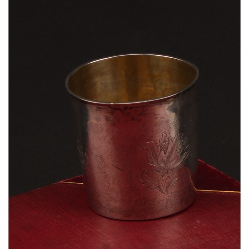 978 - An 18th century Continental silver tapered cylindrical beaker, probably Scandinavian, engraved with ... 