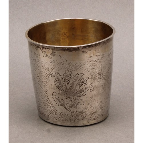 978 - An 18th century Continental silver tapered cylindrical beaker, probably Scandinavian, engraved with ... 