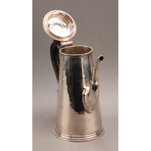 754 - A George I silver conical coffee pot, hinged domed cover with knop finial, scroll-capped fruitwood h... 