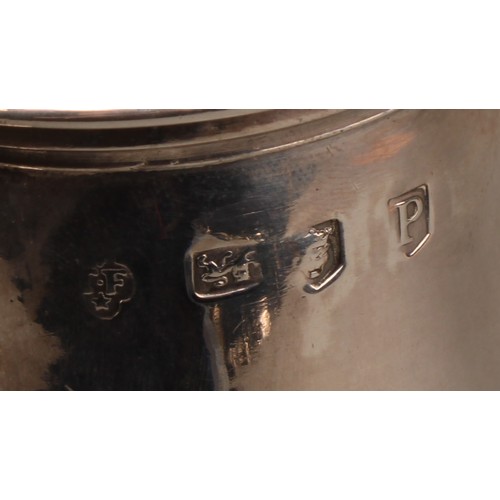 754 - A George I silver conical coffee pot, hinged domed cover with knop finial, scroll-capped fruitwood h... 