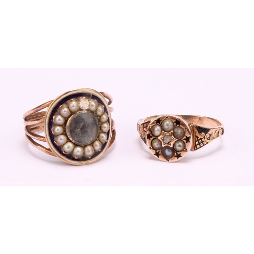 1269 - Two Tested 9ct rose gold mourning rings (A/F) to include; a 9ct gold blue and white enamelled seed p... 