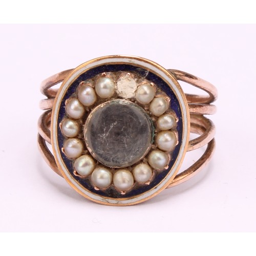 1269 - Two Tested 9ct rose gold mourning rings (A/F) to include; a 9ct gold blue and white enamelled seed p... 