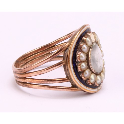 1269 - Two Tested 9ct rose gold mourning rings (A/F) to include; a 9ct gold blue and white enamelled seed p... 