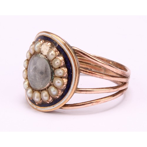 1269 - Two Tested 9ct rose gold mourning rings (A/F) to include; a 9ct gold blue and white enamelled seed p... 