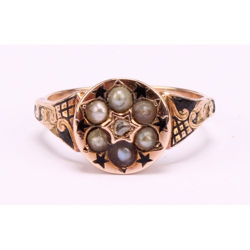 1269 - Two Tested 9ct rose gold mourning rings (A/F) to include; a 9ct gold blue and white enamelled seed p... 