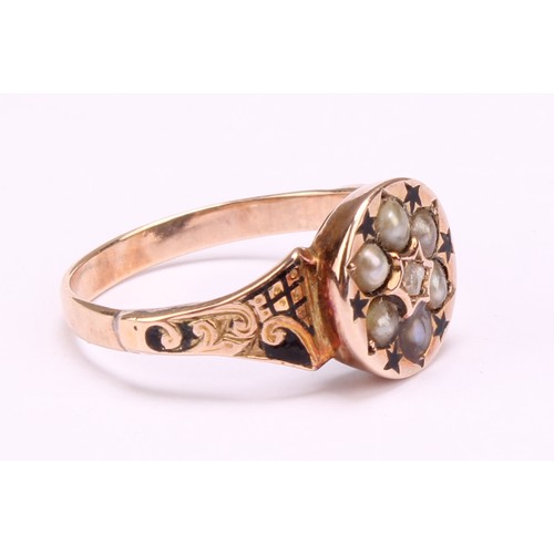 1269 - Two Tested 9ct rose gold mourning rings (A/F) to include; a 9ct gold blue and white enamelled seed p... 