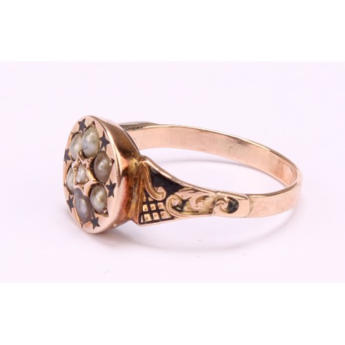 1269 - Two Tested 9ct rose gold mourning rings (A/F) to include; a 9ct gold blue and white enamelled seed p... 