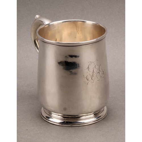 756 - A George I silver mug, quite plain, scroll-capped handle, skirted base, 10.5cm high, Richard Burcomb... 