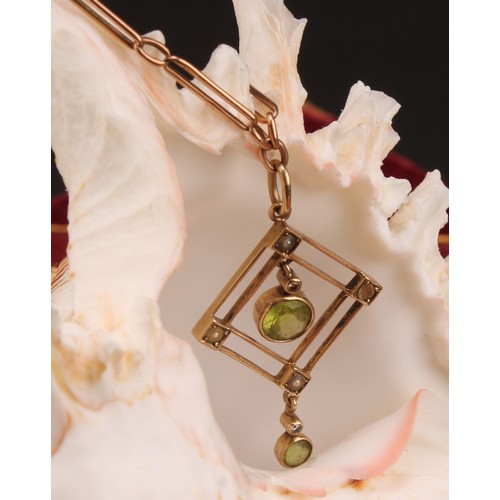 1184 - 9ct yellow gold Peridot, Seed Pearl and Diamond pendant with 9ct rose gold fetter link chain, pendan... 