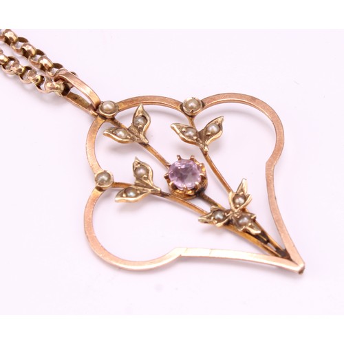 1259 - Art Nouveau 9ct rose gold Amethyst and Seed Pearl pendant with 9ct rose gold belcher chain,
the pend... 