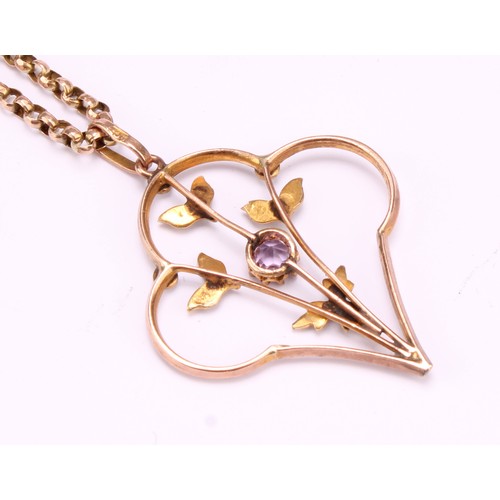 1259 - Art Nouveau 9ct rose gold Amethyst and Seed Pearl pendant with 9ct rose gold belcher chain,
the pend... 