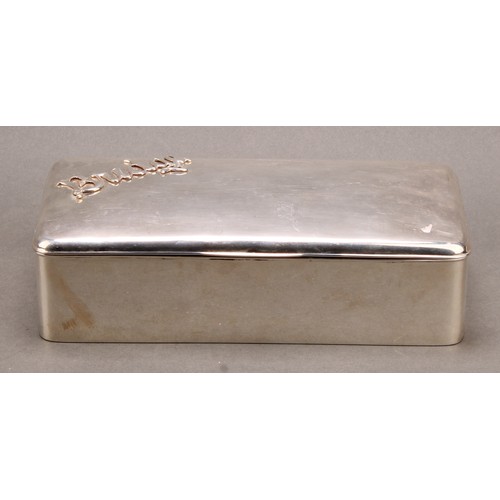 1015 - An early 20th century silver rounded rectangular Bridge box, hinged cover enclosing provision for pl... 