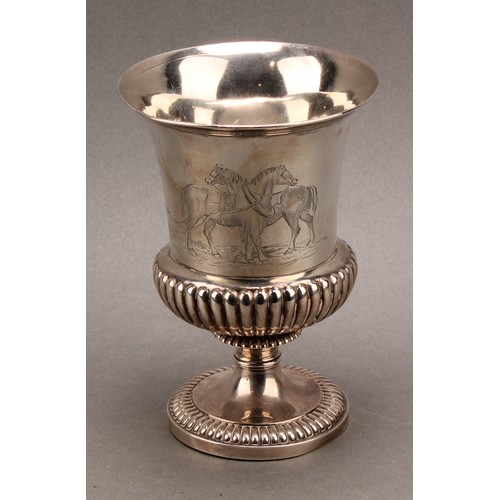 799 - A George IV silver half-fluted campana wine goblet, engraved with working horses, 13cm high, William... 