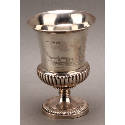 799 - A George IV silver half-fluted campana wine goblet, engraved with working horses, 13cm high, William... 