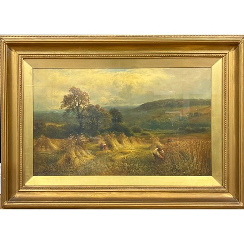 448 - George Turner (1841-1910)  Harvesting  signed, title inscription to verso, oil on canvas, 40cm x 64c... 