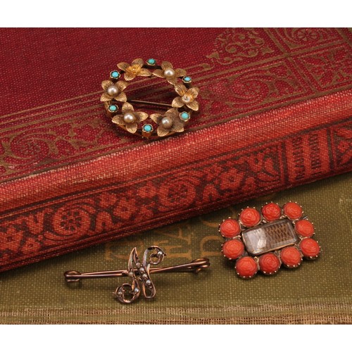 1224 - A selection of brooches, to include a tested 14ct gold coral mourning brooch, a 15ct gold turquiose ... 