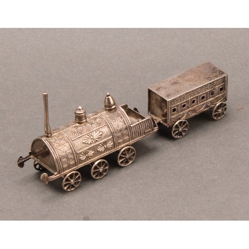 726 - A Chinese silver toy miniature train, comprising railway locomotive and carriage, 10cm long overall,... 