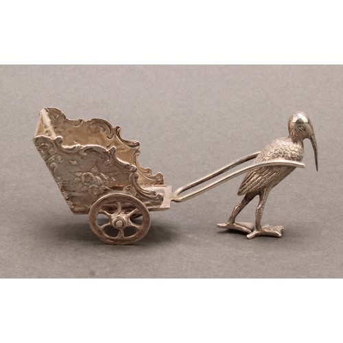 1007 - An early 20th century Continental silver toy novelty miniature model, of a stalk drawing a carriage,... 