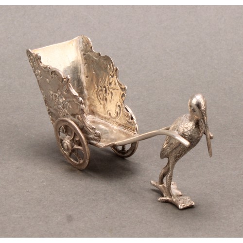 1007 - An early 20th century Continental silver toy novelty miniature model, of a stalk drawing a carriage,... 