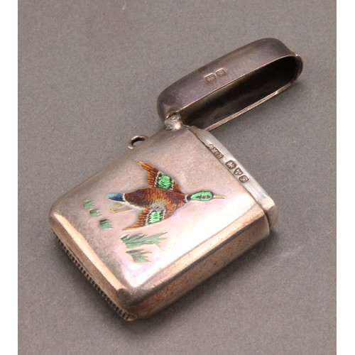 807 - A George V silver and enamel rounded rectangular vesta case, decorated with a mallard duck taking fl... 