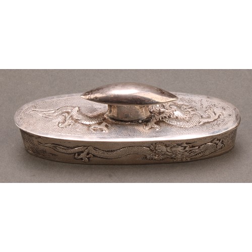 721 - A Chinese silver box and cover, chased with dragons on a textured ground, 11cm wide, Wo Sing Lung, S... 