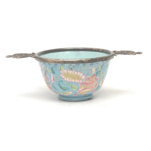 1378 - An 18th century Chinese enamel wine cup, English silver mounted as a quaich, painted in the typical ... 