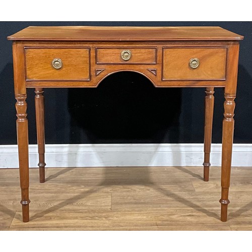 2092 - A 19th century mahogany side table, rectangular top with channelled edge above three frieze drawers,... 