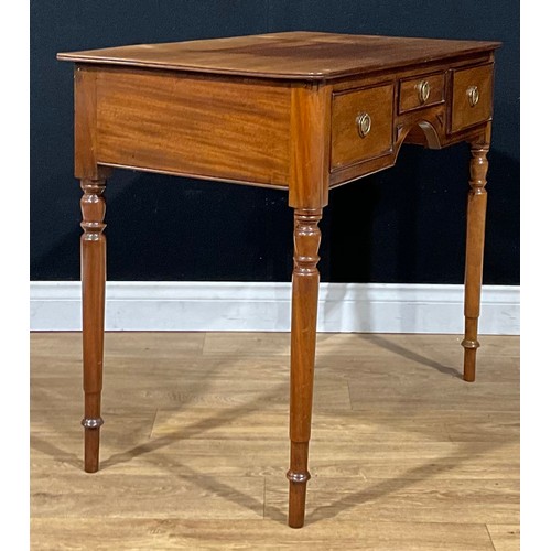 2092 - A 19th century mahogany side table, rectangular top with channelled edge above three frieze drawers,... 