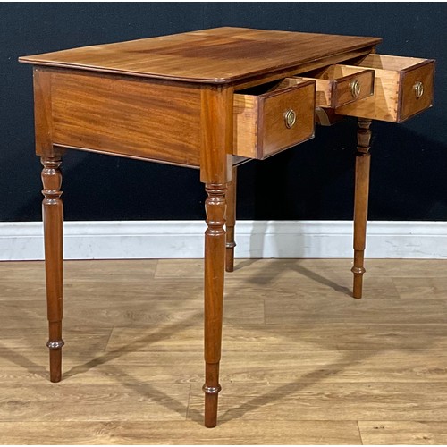 2092 - A 19th century mahogany side table, rectangular top with channelled edge above three frieze drawers,... 