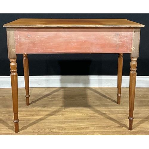 2092 - A 19th century mahogany side table, rectangular top with channelled edge above three frieze drawers,... 