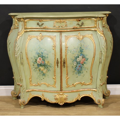 1521 - An Italian painted and parcel-gilt serpentine side cabinet, possibly Venetian, oversailing top above... 