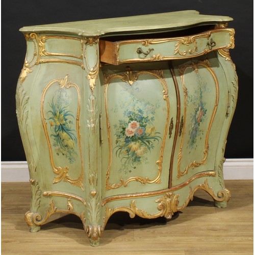 1521 - An Italian painted and parcel-gilt serpentine side cabinet, possibly Venetian, oversailing top above... 