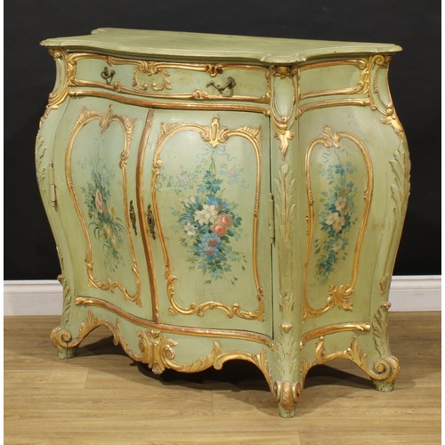 1521 - An Italian painted and parcel-gilt serpentine side cabinet, possibly Venetian, oversailing top above... 