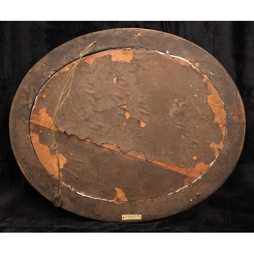 2571 - An Arts & Crafts sheet brass and simulated ‘Ruskin stone’ mounted oval looking glass, plain mirror p... 