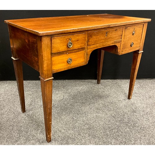 603A - A 19th century mahogany writing table, four drawers to frieze, arch-top knee-hole, tapered square le... 