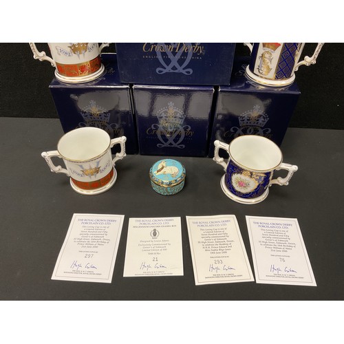 89 - Royal Crown Derby commemorative ware including; Millennium unicorn enamel box, with certificate and ... 