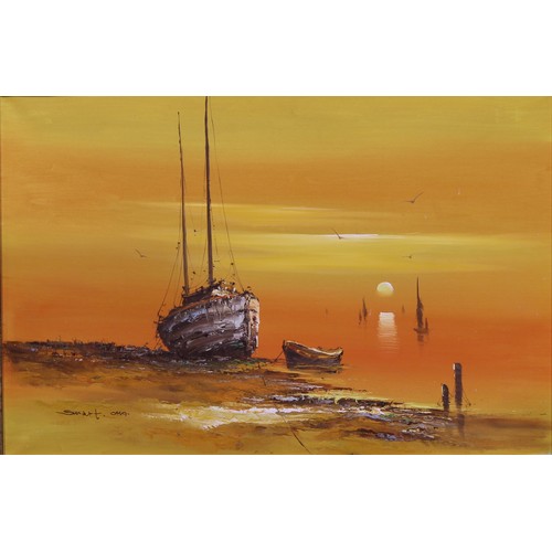 639A - Smart (20th century)
Fishing Boat at Sunset
signed, oil on canvas, 60cm x 90cm