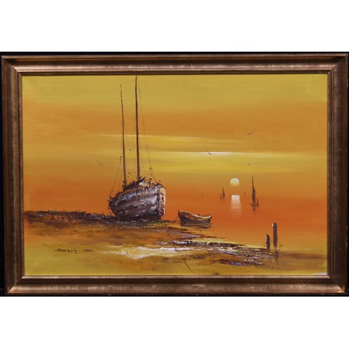 639A - Smart (20th century)
Fishing Boat at Sunset
signed, oil on canvas, 60cm x 90cm