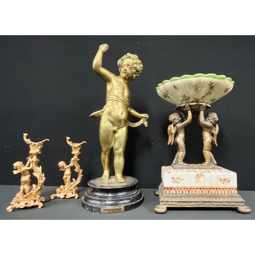 128 - A 20th century Wong Lee porcelain and bronze figural table centre, modelled as two cherubs supportin... 