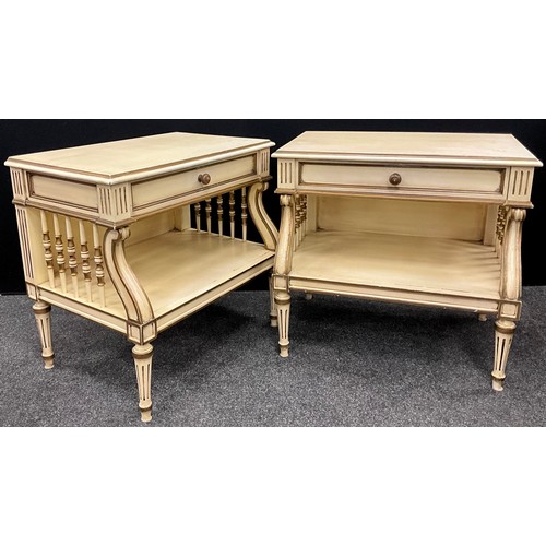 65 - A pair of French style ‘Shabby chic’ bedside tables, or lamp tables, each with a single drawer to fr... 