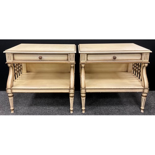 65 - A pair of French style ‘Shabby chic’ bedside tables, or lamp tables, each with a single drawer to fr... 