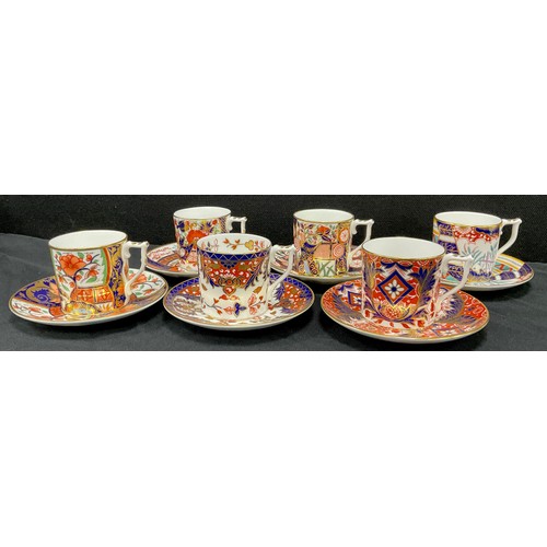 123 - Royal Crown Derby from The Curators Collection six tea cups and saucers including; ‘Pardoe’, ’Rich J... 