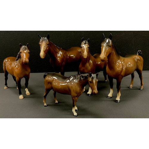 124 - Beswick brass gloss horses including, Bois Roussel Model 701, 20cm high, Hackney horse, others, (5).