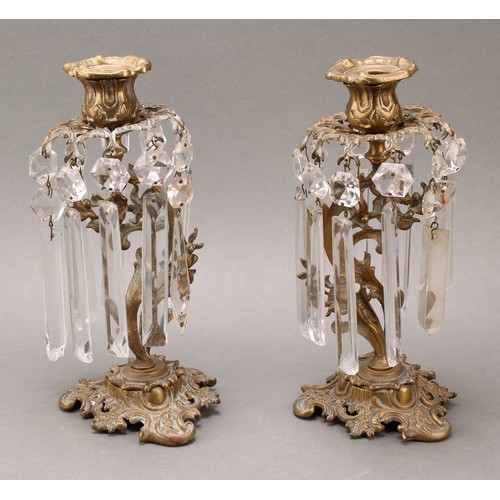 128 - A pair of 19th century bronze mantel candle lustres, cast in the Rococo Revival taste, s5.5cm high, ... 