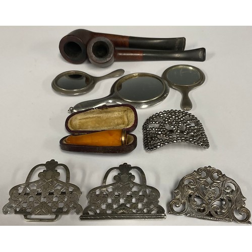 62 - Three miniature hand mirrors, largest being 11cm tall smallest being 8cm tall; a slight array of EPN... 