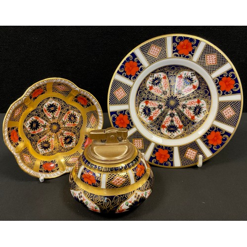 155 - A Royal crown Derby 1128 pattern cigarette lighter, and a saucer, and trinket dish, mostly firsts, (... 