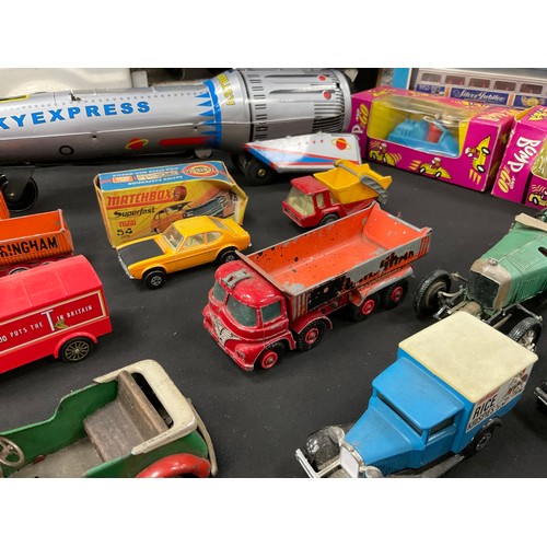 157 - Toys - Sky express box, friction powered rocket; remote control MI Police car; Telsalda toys frictio... 